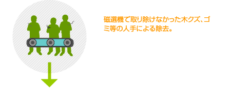 磁選機で取り除けなかった木クズ、ゴミ等の人手による除去。 